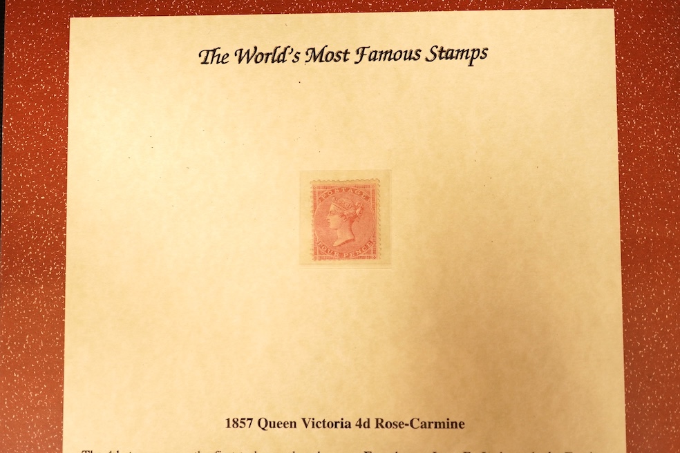 1857 Queen Victoria 4d Rose-Carmine stamp, apparently unused, in Westminster collection album with certificate of authenticity